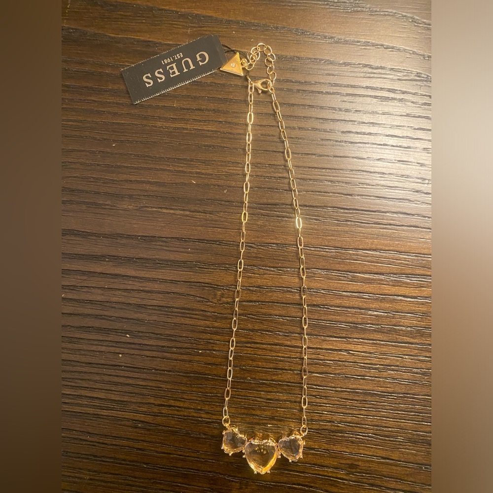 NEW Guess gold tone triple heart stone statement necklace